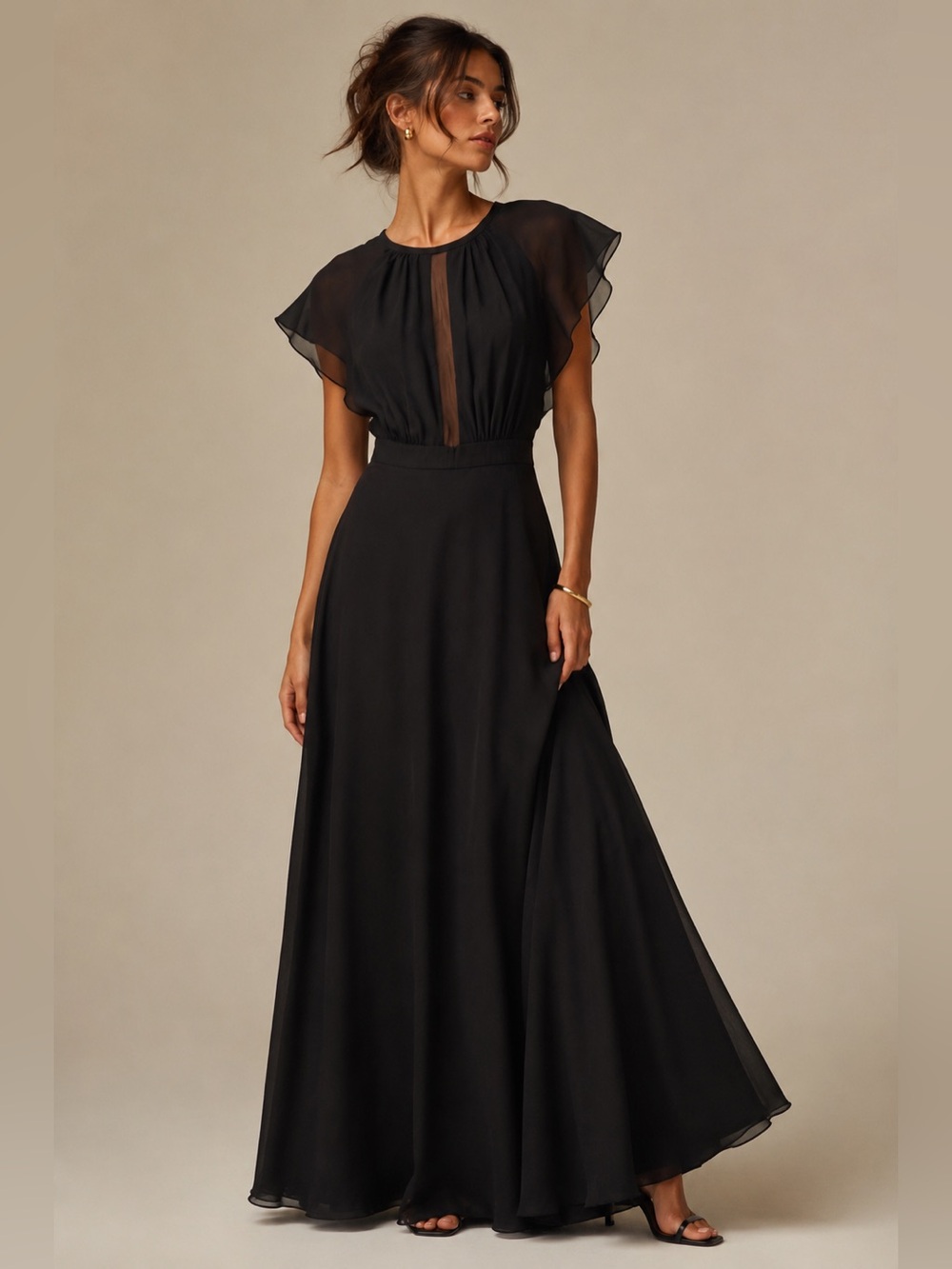 Sabina Black Maxi Dress with Sheer Cap Sleeves